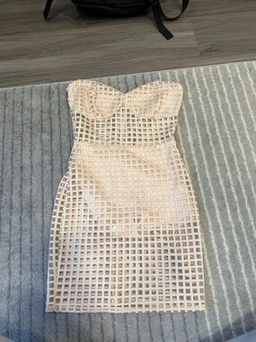 Strapless Beige Grid-Overlay Bodycon Dress